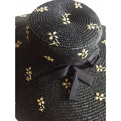 Hand Woven Straw Hat Navy Blue Hand Sewn White Flowers Wide  display picture 1