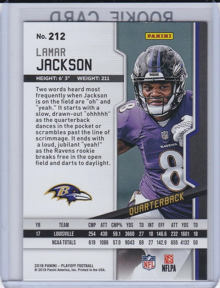 Tarjeta de novato Lamar Jackson 2018 Playoff RARA VARIACIÓN VERDE $$ RC Football Raven Foto 2 de 2