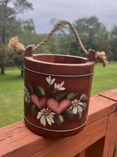 Vintage Primitive Painted Hearts Hearts Wooden Firkin Bucket Hand Signed 1990