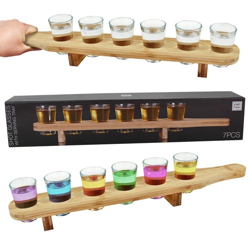 Set 6 Shot Glasses Wooden Carrier Serving Tray Party Drink Whisky Vodka Tequilla - Picture 3 of 6