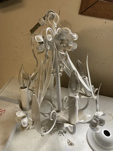 All White Metal tole flower Hallway chandelier 18” Tall & 12” Dia Canopy & Chain