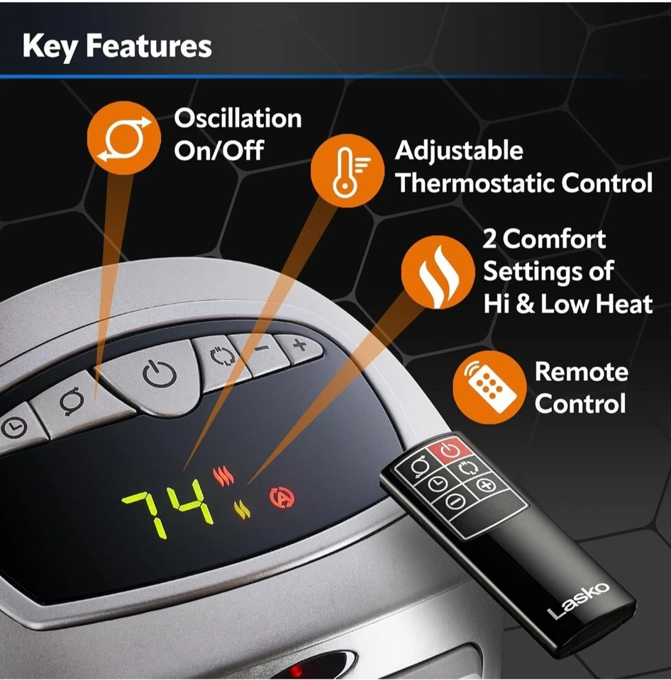 Lasko Oscillating Digital Ceramic Tower Space Heater Remote Control 23" 1500W - Image 3 of 4