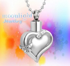 New Heart Butterfly Love Crystal Urn Keepsake Ashes Silver Memorial Necklace