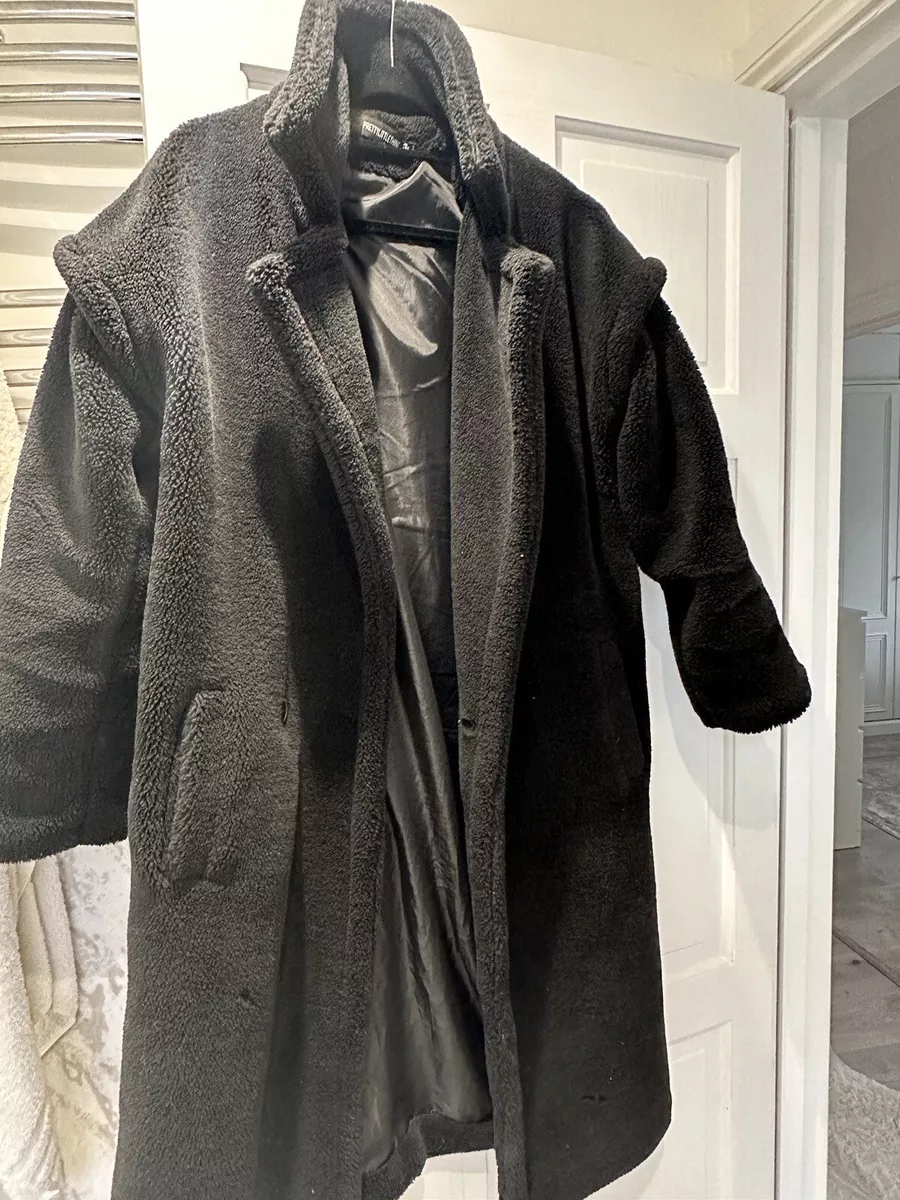 Women s pretty Little Thing PLT Black Borg Teddy Long Coat eBay