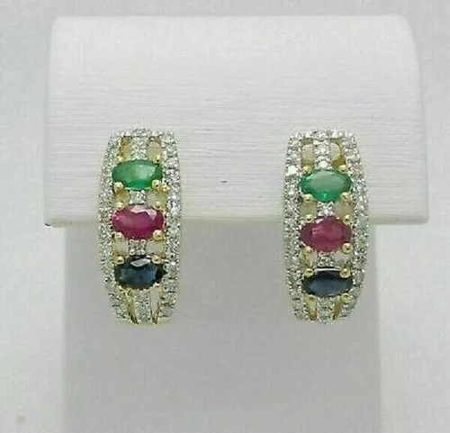 2.50Ctw Oval Cut Lab Created Ruby Emerald Sapphire Earrings 14K Yellow Gold Over - Picture 3 of 4