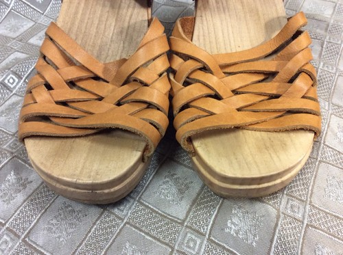 Sven clog Leather Woven Ankle Straps Sandal 39 EU 8 Us beige tan suede heels - Picture 2 of 11