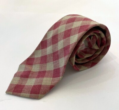 Vintage Vicky Davis Men's Classic Neck Tie Red Beige Check Pattern Silk Blend