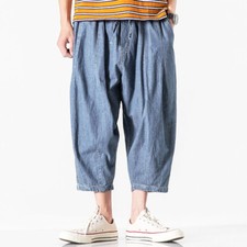 Pantaloni Baggy In Denim 3/4 Sciolti Con Coulisse In Vita Elasticizzata