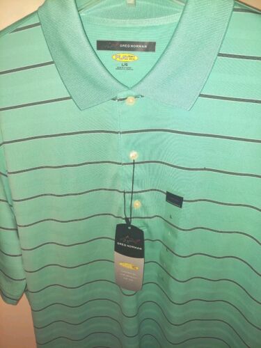 NEW! GREG NORMAN PLAY DRY POLO SHIRT MENS SZ L GREEN STRIPES G7XDK846 WITH TAGS! - Picture 3 of 7