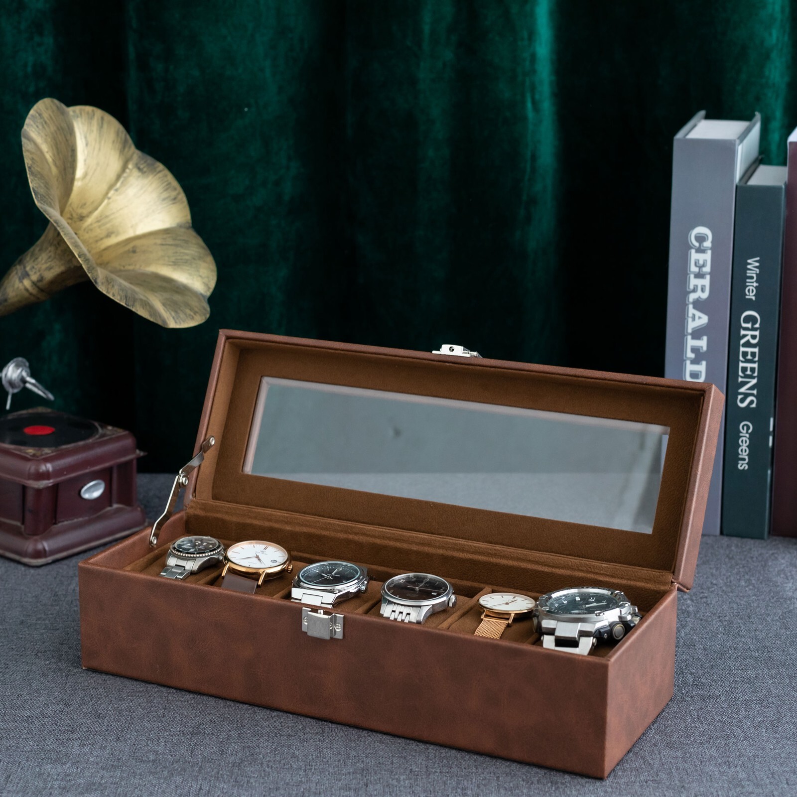 6-Slot Leather Watch Case with Large Glass Lid Watch Box Organizer Brown