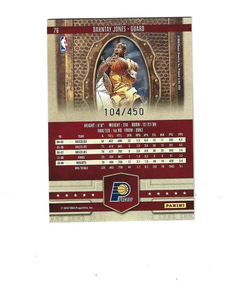 2009-10 Court Kings #76 Dahntay Jones /450 INDIANA PACERS - Image 2 of 2