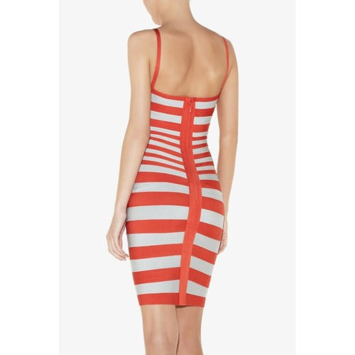 HERVE LEGER “Andreea” Red Orange Silver Grey Stripe Bandage Bodycon Dress SIZE M - Picture 3 of 12