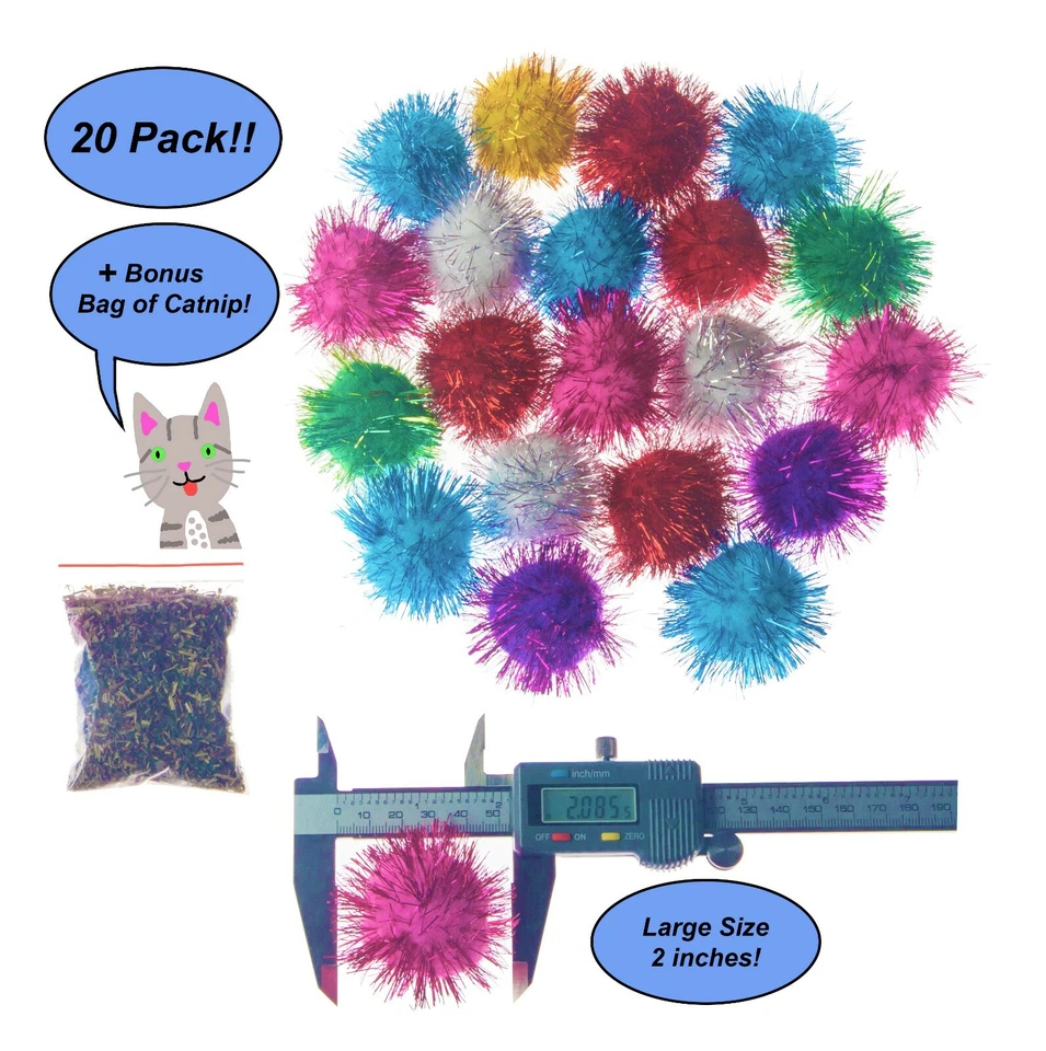 20 Sparkle Glitter Tinsel Poms Balls 2" Colorful Toys Bag Catnip Cats Kittens! - Image 2 of 4