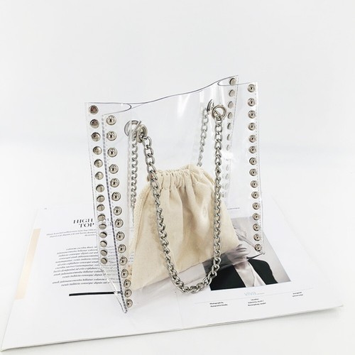 Transparent PVC Clear Shoulder tote bag Silver Studs Beige Zebra Insert Canvas - Picture 5 of 25