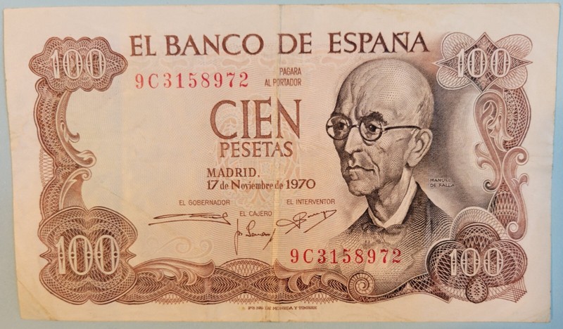 SPAIN 100 PASETAS, 1970 Very-Good BANKNOTE,  Combined Shipping Given.