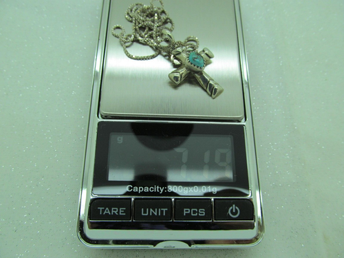 Signed C Sterling Silver TURQUOISE NATIVE AMERICAN DESIGN CROSS necklace 20" - Picture 9 of 9