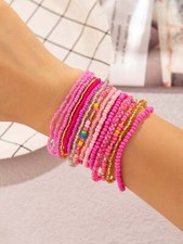 15pcs Pink Glass Beaded Stackable Bracelet Set With Gold-tone Accents
