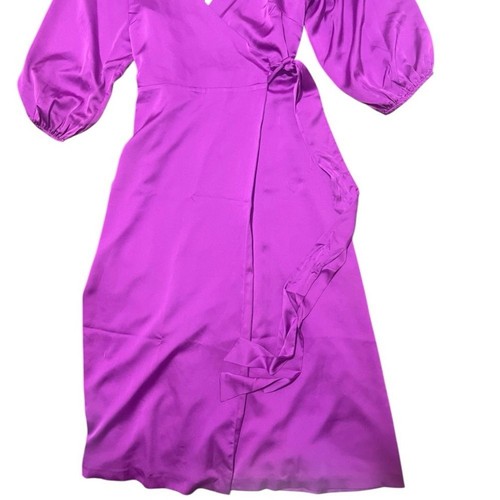 NWT Ann Taylor Satin Wrap Dress Puff Sleeve Magenta Wedding Cocktail Party Sz 10 - Picture 7 of 11
