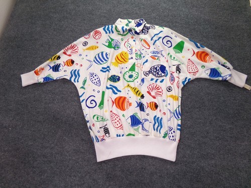 Vintage HMJ Womens Shirt White Large Dolman Sleeve Fish Ribbed 80s 90s Retro Fun - Picture 2 of 14