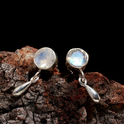 Natural Moonstone Round Cut Gemstone 925 Sterling Silver Women Stud Earrings