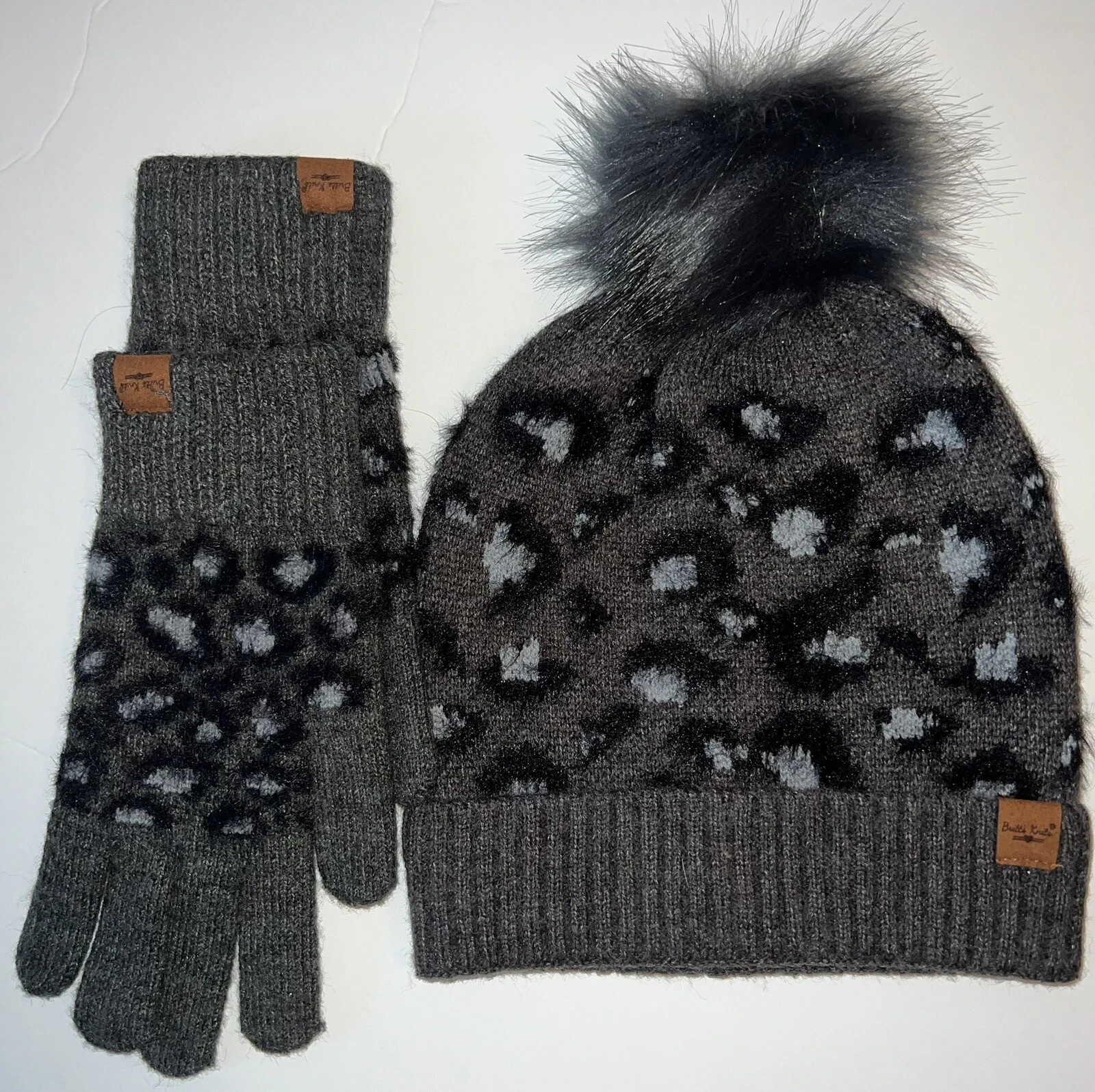 Britts Knits Pom Beanie & Gloves Snow Leopard Blue Gray Super Soft
