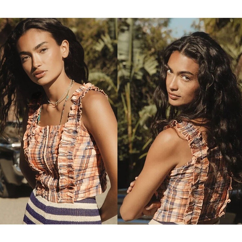 NWT Anthropologie Verb by Pallavi Singhee ruffled plaid tank top orange cotton