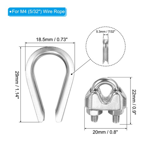 5/32" Wire Rope Kit, 20 Pack M4 Stainless Steel Thimbles & Clamps for Wire Rope - Imagen 2 de 7