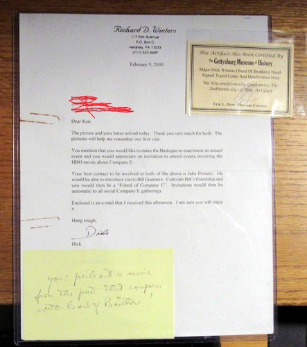 Dick Winters 101st, 506 PIR, signed WWII Band of Brothers, Letter, note, COA
