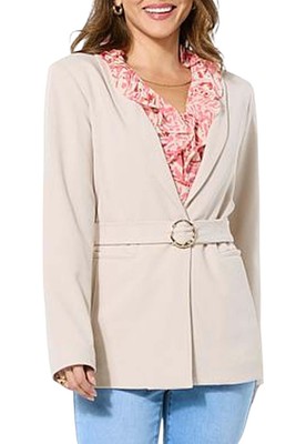 IMAN Global Chic Women's Belted Crepe Knit Blazer Sand