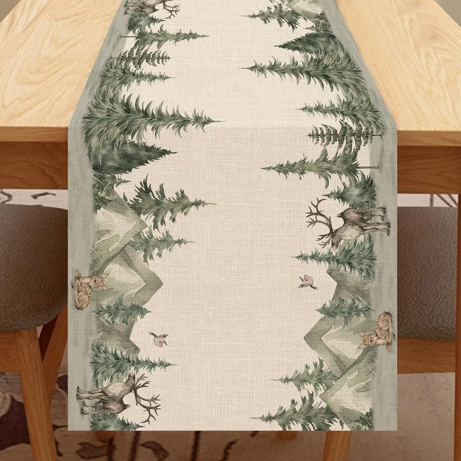 Winter Forest Reindeer Pine Tree Table Runner 13x72 Inch Christmas Holiday Decor