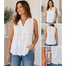 Johnny Was Top Sleeveless White Embroidered Boho Rayon Blouse XL