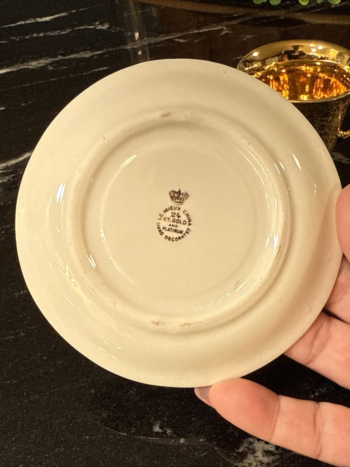 Vtg Le Mieux China 24K Gold & Platinum France Floral Courting Couple Plate & Cup