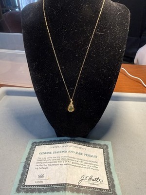 Jade and Diamond Teardrop Pendant Necklace 14k Yellow Gold-Filled Charm
