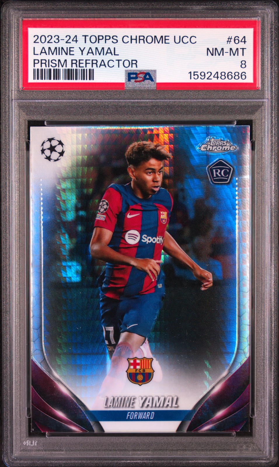 2023-24 TOPPS CHROME UCC PRISM REFRACTOR LAMINE YAMAL ROOKIE RC PSA 8