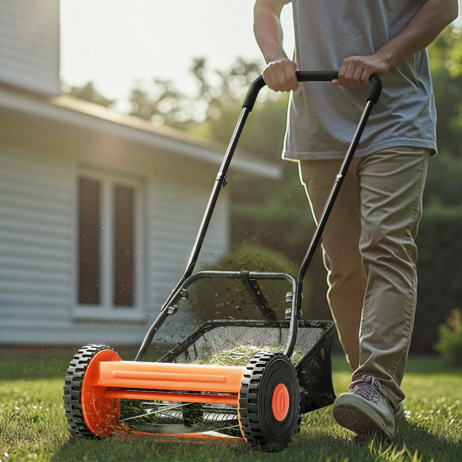 VEVOR 16-Inch Push Reel Lawn Mower 5-Blade Adjustable Height with Grass Catcher