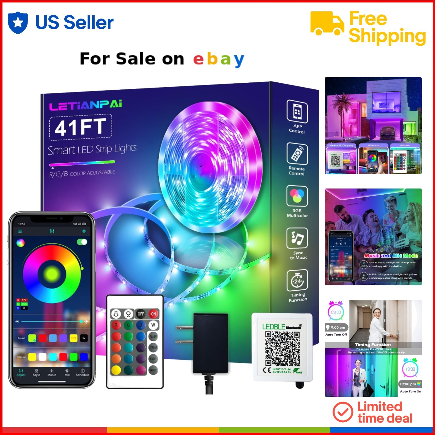 41ft Smart RGB LED Strip Lights with Music Sync App and IR Remote for Indoor Decor