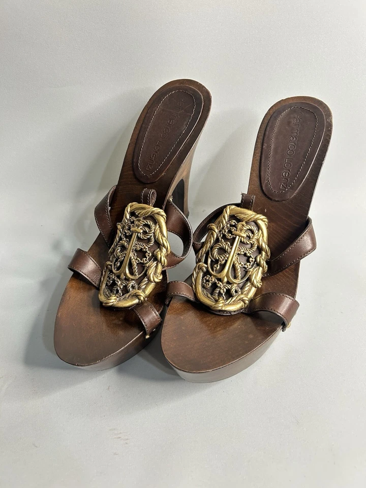 Sandalias Gianmarco Lorenzi Tacones Madera Cuero Marrón Talla 39 EU, 9 US Foto 2 de 4