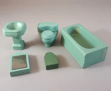 Strombecker Aqua Green 5 Pc Wooden Bathroom Sink Tub Toilet Scale 1:16 dollhouse