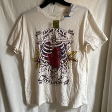 Large New Frida Kahlo Viva La Vida Ivory Cotton Knit Tee Shirt Top Red Heart
