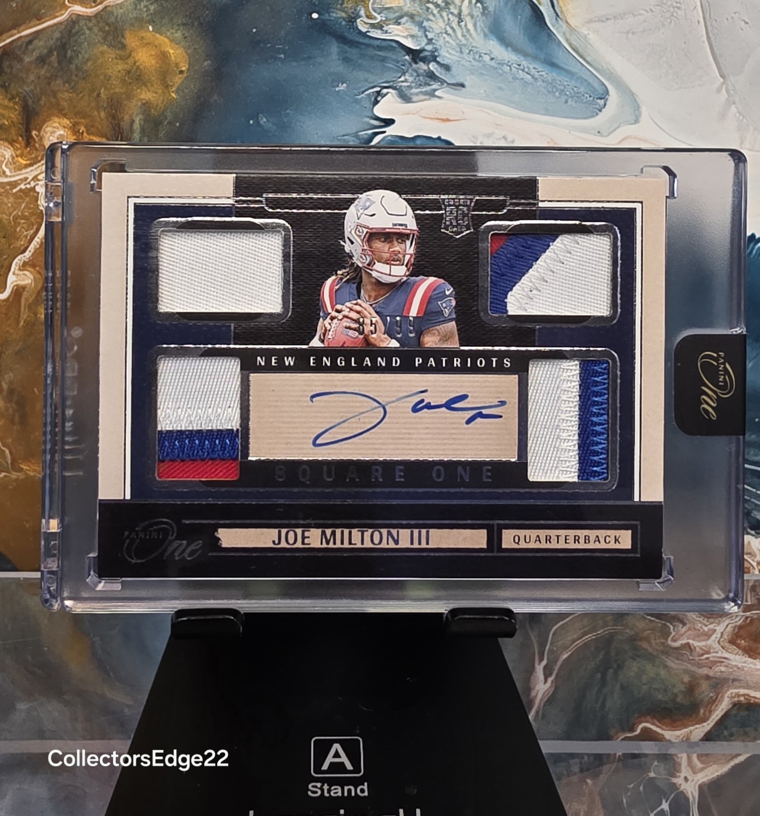 2024 Panini One Joe Milton Square One 4 Patch RPA /99 (AU) (RC) Patriots Rookie