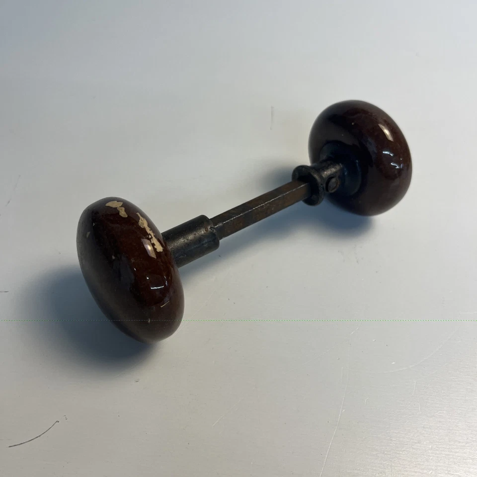 Vintage Brown Porcelain Door Knob Set 2-1/4 Inch - Image 3 of 4