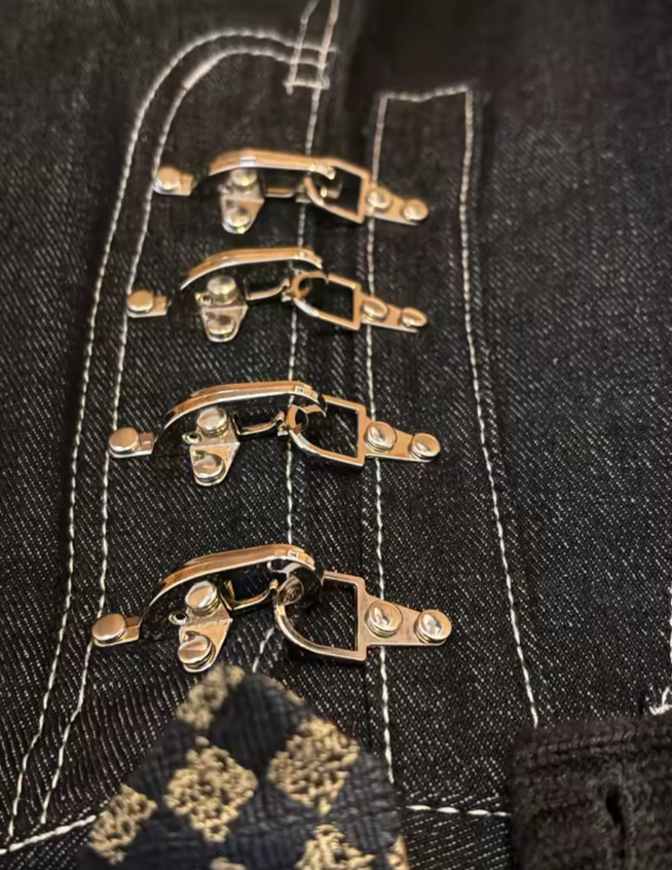 Y2K Retro Opium Black Denim Baggy Jeans with Silver Buckle