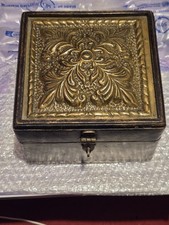 Unbranded Vintage Wooden Trinket Box With Hammered Metal Lid Hinged Wood