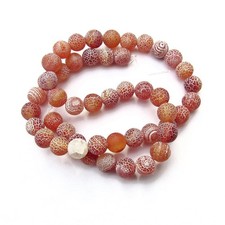 8mm Round Beads Orange Fire Crackle Agate Stone, White Veins, Full Strand