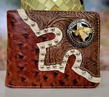 TEXAS Mens Wallet Western Bifold studded Brown, patchwork for credit card 