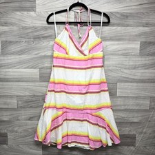 Old Navy Fit & Flare Halter Dress Women's L Pink White Striped Cotton Sleeveless