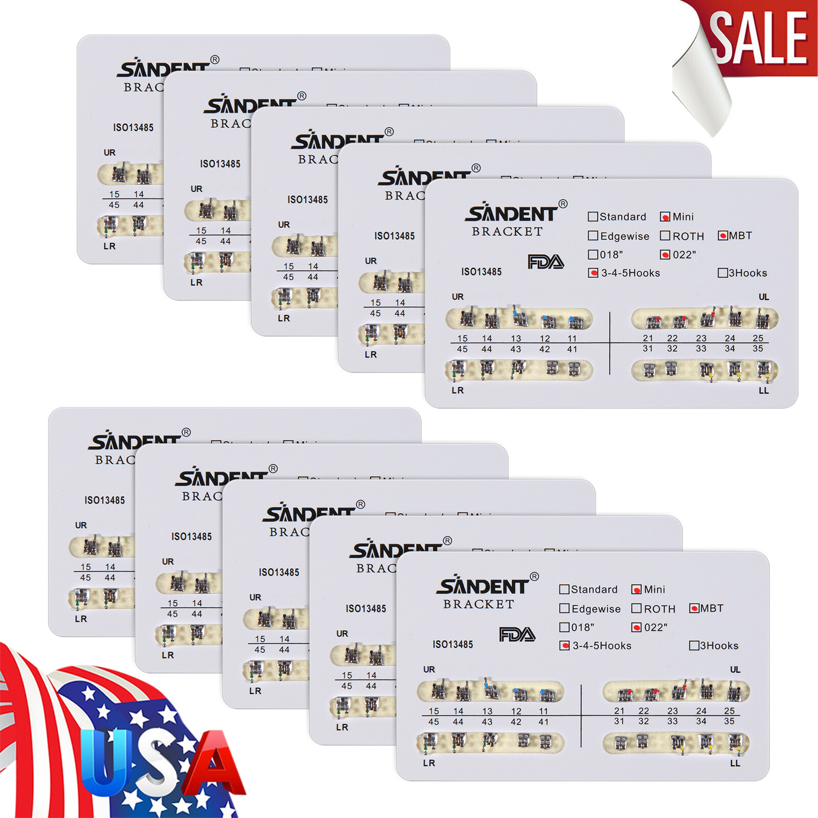 SANDENT Dental Ortho Metal Brackets Mini/Standard Roth/MBT 022 Hooks 3/3-4-5 ns