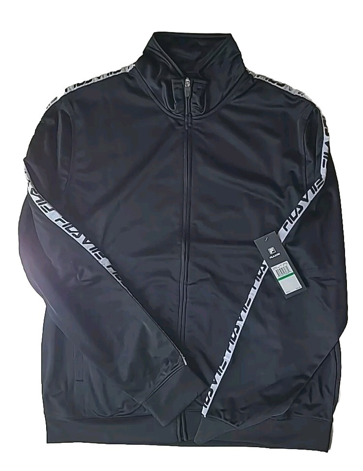 Giacca nera retrò da uomo Fila nastro bianco a righe manica con logo SM831821 taglia L nuova con etichette