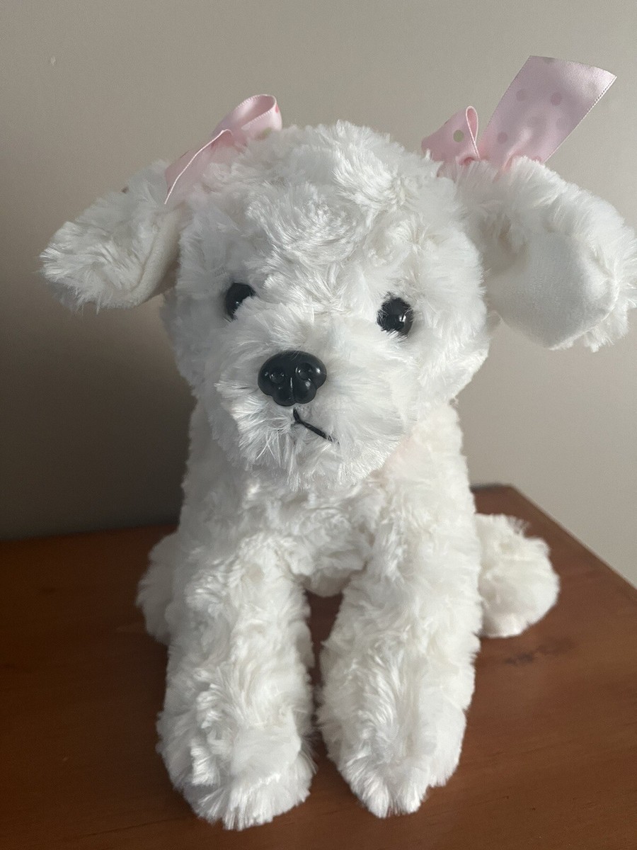Bearington 13” Sassy the White Pink Bows Puppy Dog Stuffed Animal