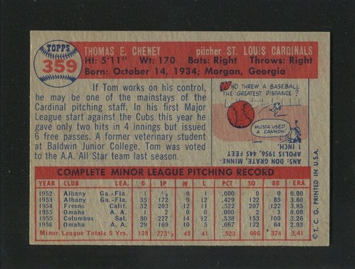 #359 Tom Cheney, Cardinals - 1957 Topps: NM, o/c, Pack Fresh 220299 - Bild 2 von 3